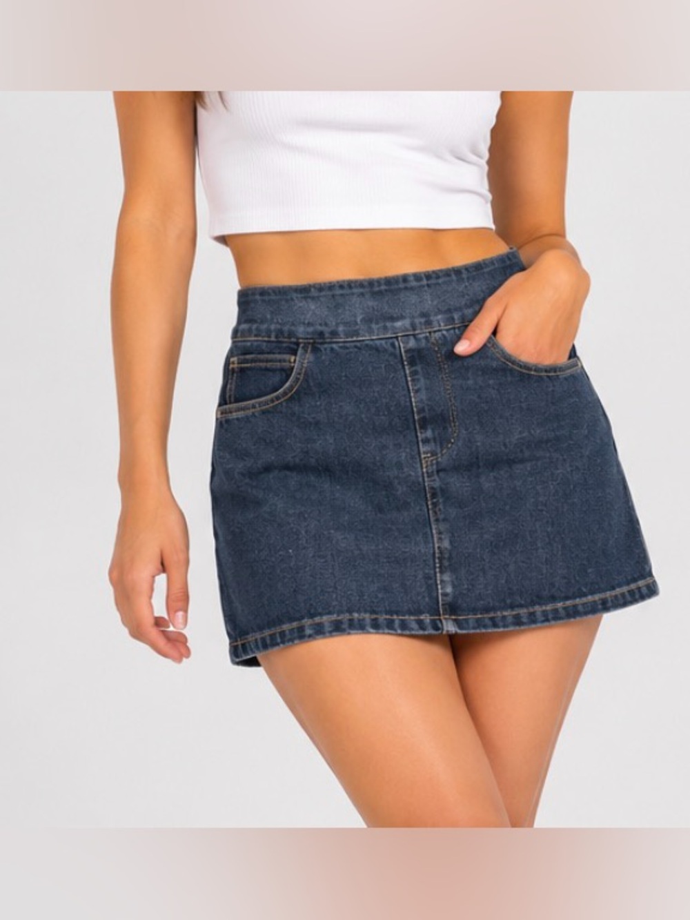Contrast Denim Mini Skirt Dark Wash Stretch Size 15 Y2K